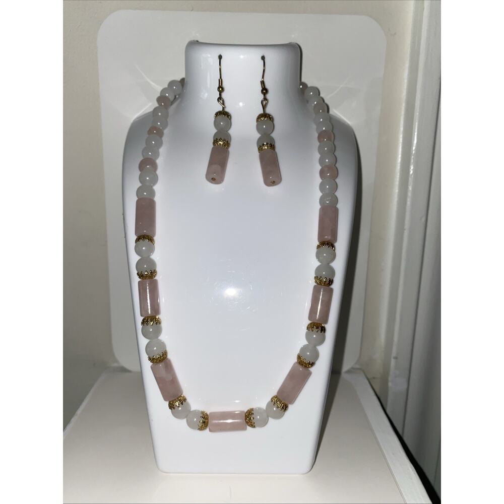 Rose Quartz Gemstone Bead Gold Tone 17” Necklace & 2” Drop Pierced Earring Set
